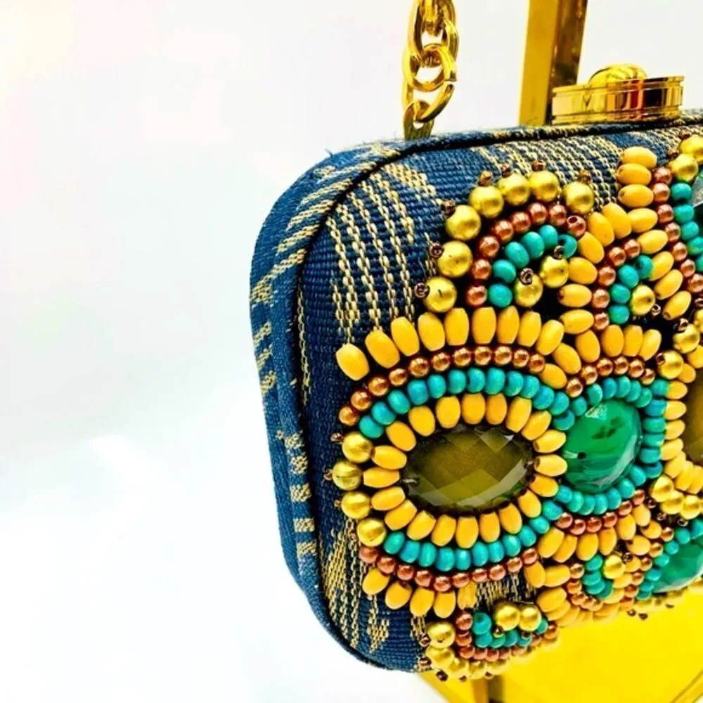 Auth Rafe Minaudière Beaded Boho Canvas Box Clutch Gold-Tone Chainlink Strap